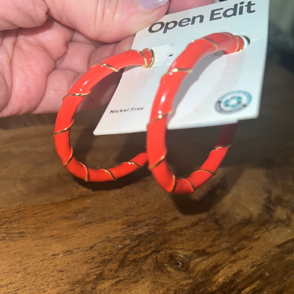 New ! Open Edit orange  large hoop pierced Earrings, Nickel free